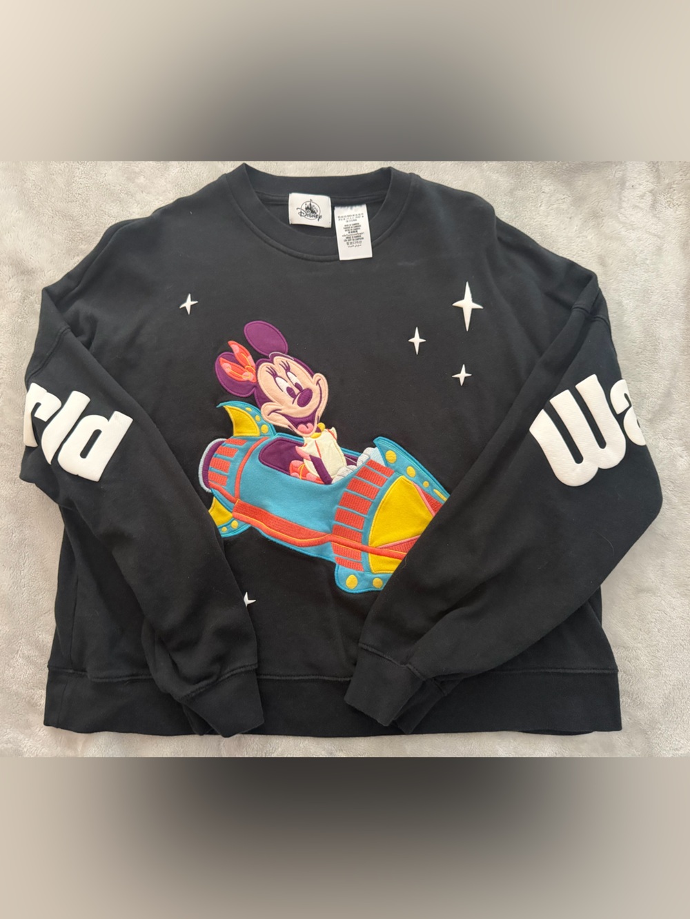 Disney Black Sweatshirt with Colorful Minnie in Rocket Graphic (crop)